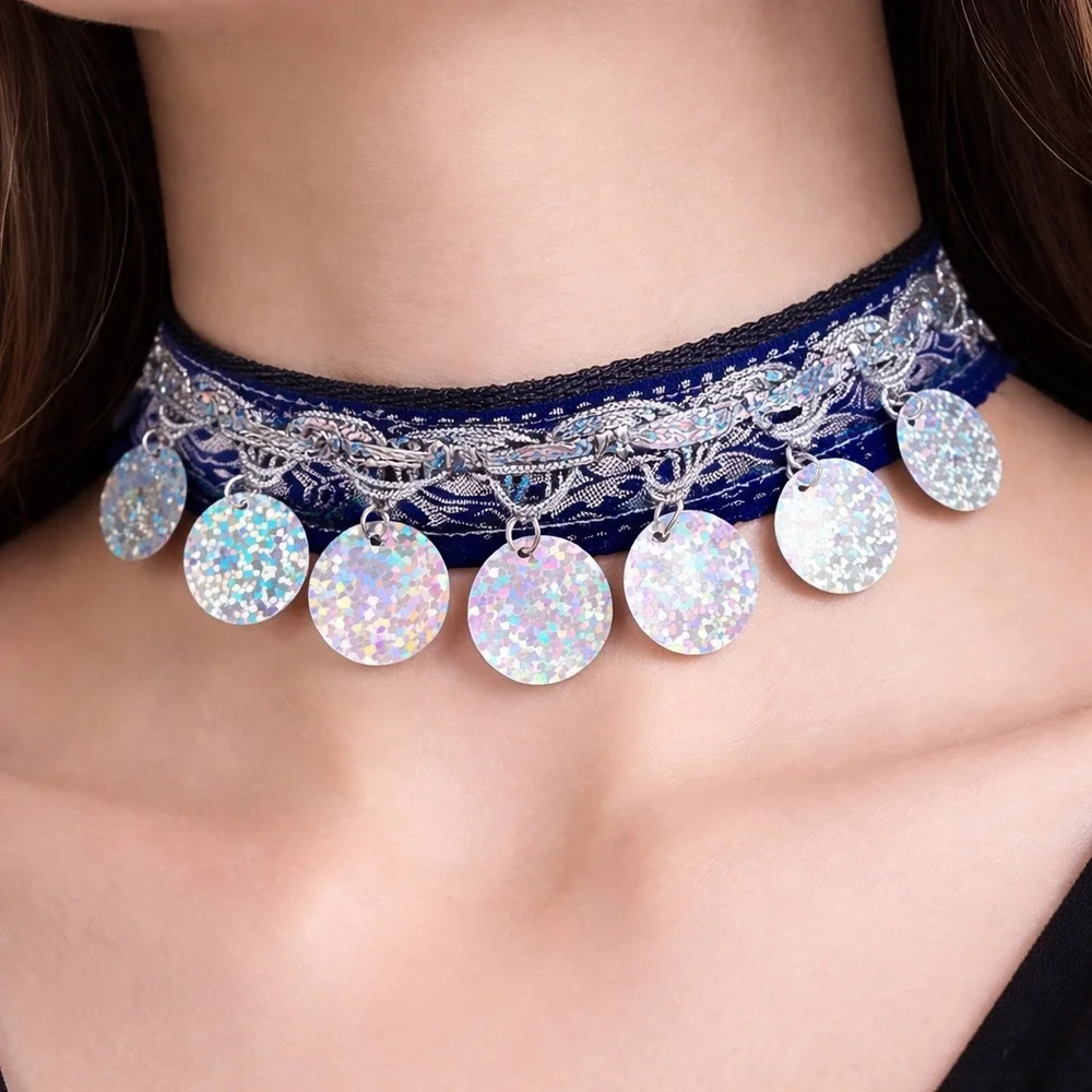 Festival Choker Necklace Handmade Navy + Silver Iridescent Sequin Coins Signed - Picture 2 of 15